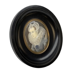 20th century oval painted portrait miniature upon ivory, depicting Queen Elizabeth I, indistinctly signed and dated, within ebonized oval frame, miniature H8cm, frame H15.5cm