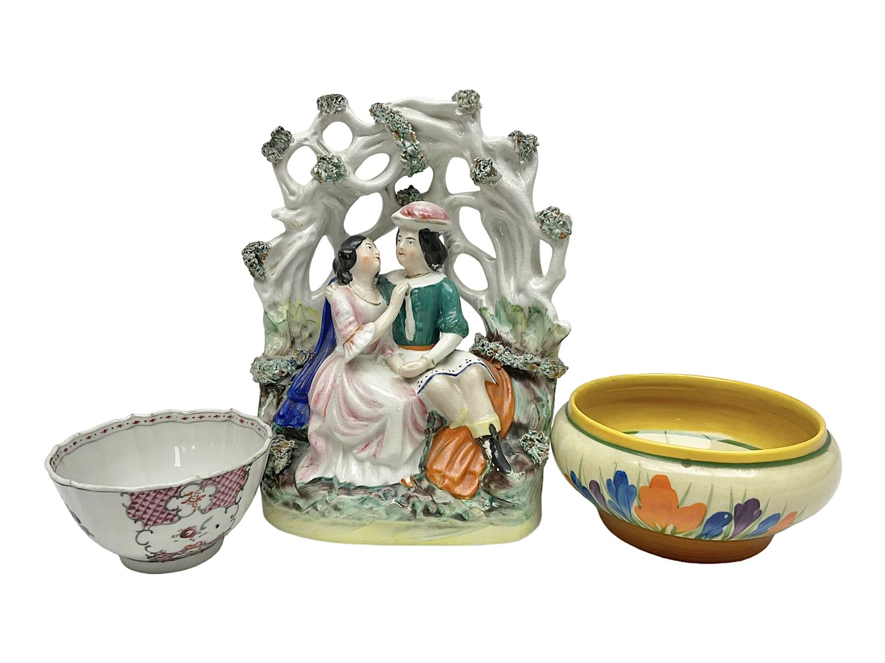 20th century Clarice Cliff Bizarre Crocus pattern bowl, printed marks beneath, D13cm, Staffordshire figure group, and a small tea bowl