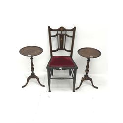 Edwardian mahogany inlaid bedroom chair (W40cm) and two mahogany wine tables (3)