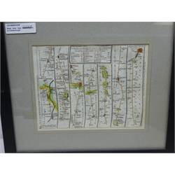  The Road from London to Flamborough in Yorkshire, 18th century hand coloured strip map, Hogarth twin glass framed, 16cm x 21cm  