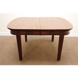  19th century mahogany extending dining table, single leaf, square tapering reeded supports, W174cm, H75cm, D107cm (max measurements)  