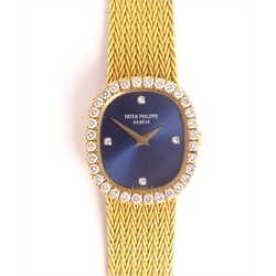  Ladies Patek Philippe Ellipse 18ct gold diamond wristwatch, diamond set quarters and bezel, herringbone bracelet hallmarked and stamped Patek Philippe Geneve 750  