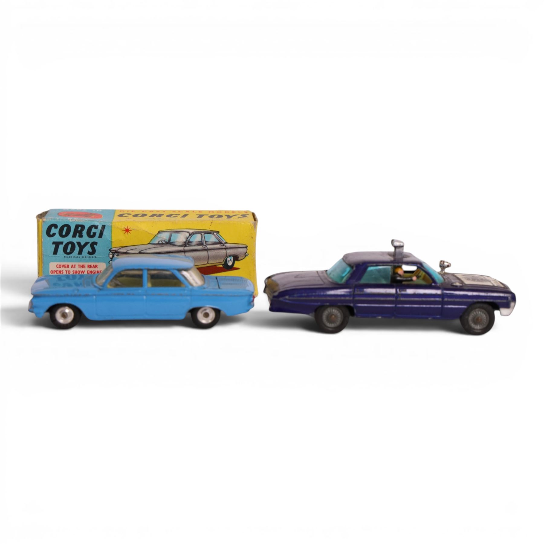 Corgi and Dinky diecast vehicles, comprising Corgi Toys no. 261 James Bond Aston Martin DB5, no. 1105 Carrimore Car Transporter, no. 229 Chevrolet Corvair and Man from UNCLE Oldsmobile Super 88, Dinky Toys no. 449 Chevrolet El Camino Pick Up Truck and Lady Penelope's Fab 1, four boxed