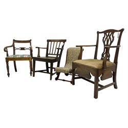 George III walnut elbow chair, bar back over upholstered drop-in seat, scrolled down sweeping arms, on turned front supports (W59cm, H84cm); George III mahogany commode elbow chair, shaped cresting rail over pierced Gothic splat, hinged seat revealing commode, on moulded square supports united by H-shaped stretchers; 19th century country elm elbow chair, rectangular bar back over vertical moulded rails,  plank seat, on square tapering supports united by H-shaped stretchers; Victorian mahogany child's chair, S-scroll form upholstered in foliate pattern fabric (4)