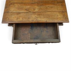 18th century oak lowboy, rectangular top with moulded edge, fitted with single frieze drawer carved with scrolling fruiting vines and stylised plant motifs, raised on bobbin-turned supports united by box stretcher 