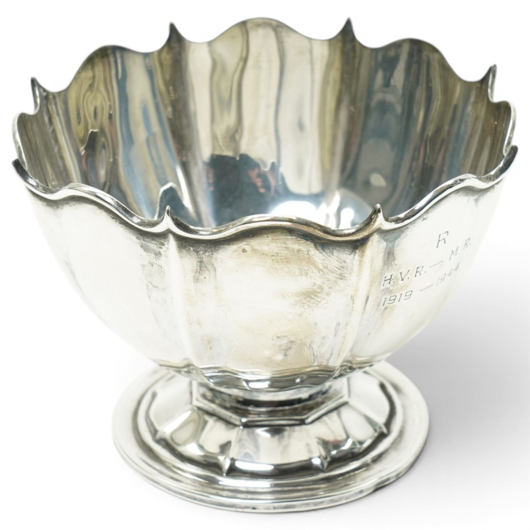 Silver bowl on short pedestal foot D11.5cm, small silver bedside clock case and two glass toilet jars with silver lids