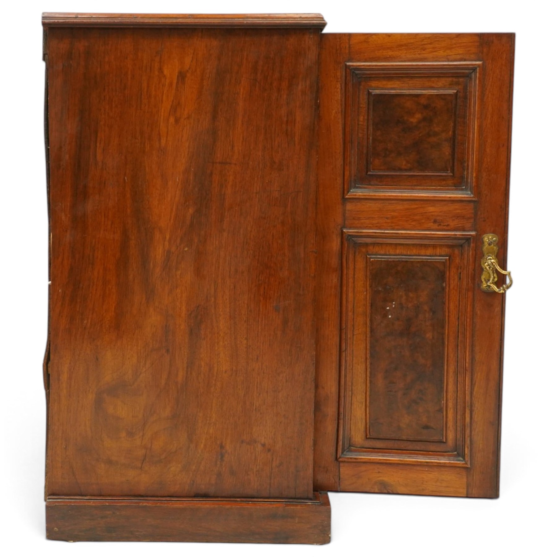 Pair of late 19th century figured walnut bedside cabinets, rectangular top with moulded edge, over a cupboard door with burr panels enclosing single shelf, on plinth base