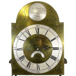 Timothy Richardson of Darlington-late 18th century 30hr longcase clock movement and dial c 1780, break arch brass dial with engraved spandrels, engraved dial centre and date aperture, silvered boss to the arch with makers name and place of work, with a silvered chapter, Roman numerals, five minute Arabic's, minute track and original steel hands, dial pinned directly to a chain driven movement with a recoil anchor escapement and outside countwheel strike, sounding the hours on a cast bell. With weight and pendulum. Dial 12