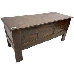Large 18th century oak coffer or chest, rectangular hinged top with moulded edge, over panelled sides with moulded rails, raised on stile supports