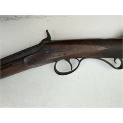 19th century single barrel percussion fire shotgun, muzzle loader, walnut stock with chequered grip and engraved steel fittings, the 84cm (33