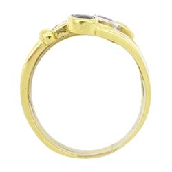 18ct gold multi gemstone set ring, four white and yellow gold rows set with an oval cut sapphire, ruby and emerald and round brilliant cut diamonds