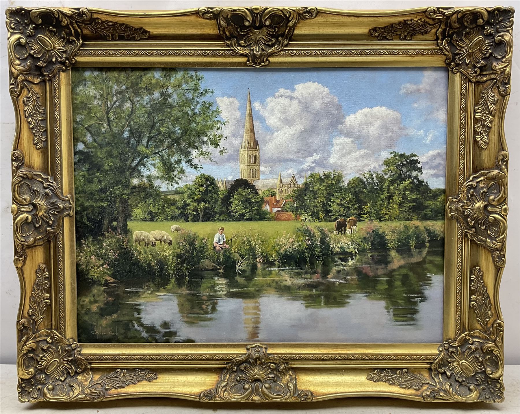 Stephen Park (British 1962-): Salisbury Cathedral from the River, oil on canvas signed 45cm x 60cm