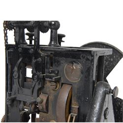 Early 20th century French cine film projector, impressed plate verso 'Pathe Freres Becker 23976', with geared mechanism, all mounted on a heavy black lacquered cast iron frame, H30cm