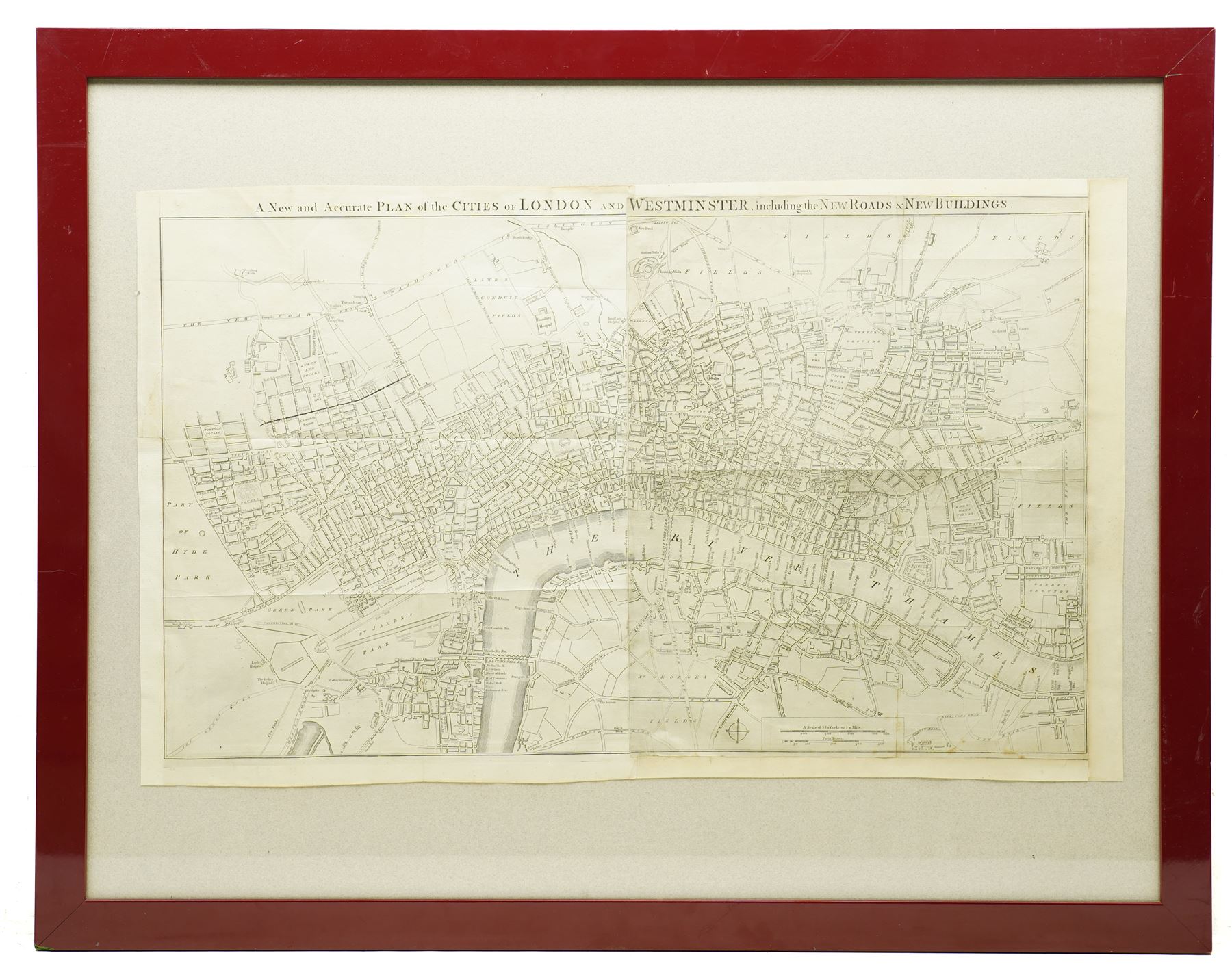 English School (18th century): ‘A New and Accurate Plan of the Cities of London and Westminster including the New Roads & New Buildings’, scarce 18th-century engraved two-sheet map of London and Westminster (closely matching the c.1762 issue held by the Library Company of Philadelphia), pub. c.1762-65, 43cm × 71cm