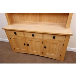  Arts and Crafts style solid beech dresser and two tier rack, projecting cornice, three drawers above three cupboard doors, arched apron and solid end supports, W154cm, H191cm, D43cm  