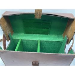 Post-WW2 stitched leather carrying case for an Exploder Dynamo-Condenser Mk.1 with baize lined fitted interior and carrying strap dated 1956 L28cm