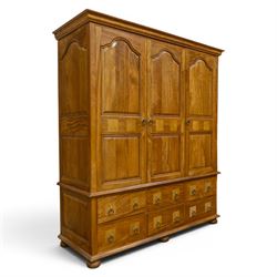 Barker & Stonehouse - contemporary flagstone and mango wood triple wardrobe and bedside cabinet, triple wardrobe with double doors revealing a full length wooden hanging rail, flanked by a cupboard with shelved interior, raised on a base with cupboard and drawers, turned bun feet