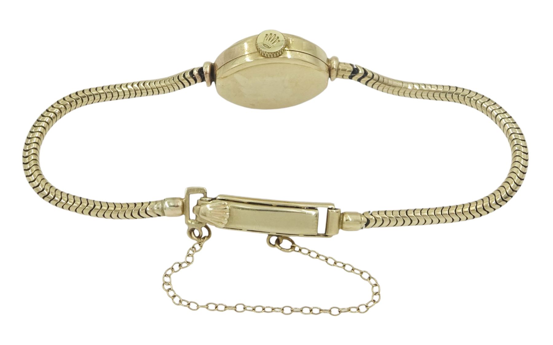 Tudor Royal ladies 9ct gold manual wind wristwatch wristwatch, Chester 1959, on integrated 9ct gold Rolex snake link bracelet, hallmarked, boxed with guarantee paper