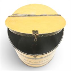Early 20th century painted pine flour bin, cylindrical form with hinged circular cover, yellow painted ground with black painted bands and stencilled ‘FLOUR’ lettering, fitted with iron hasp and staple fastening