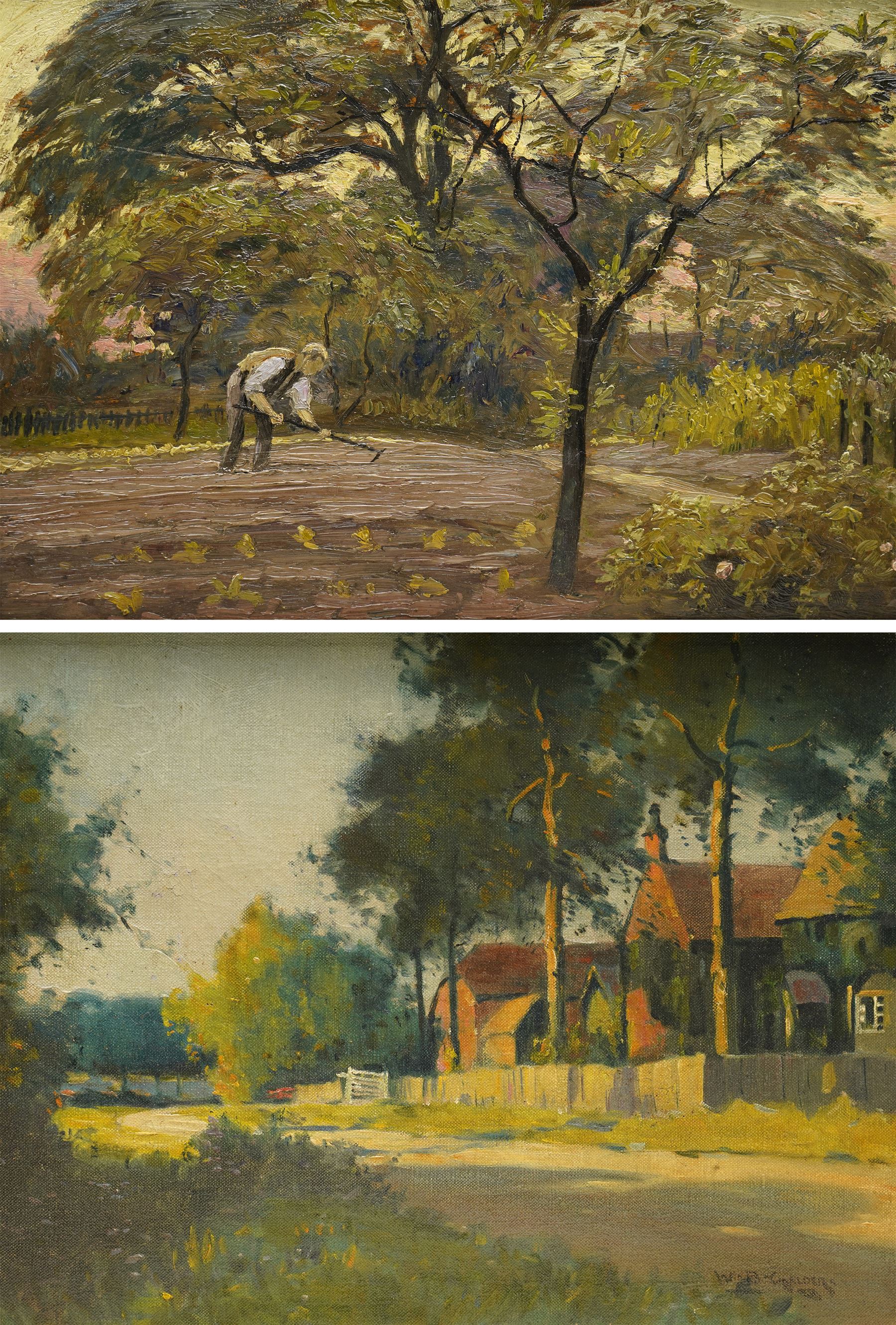 William Bagnall Gelder (British 1869-1929): Country Lane with Houses, oil on canvas signed 29cm x 39cm; English School (Early 20th century): Ploughing the Field, oil on panel unsigned 25cm x 36cm (2)