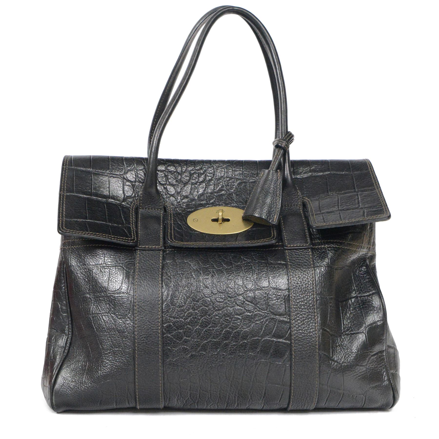 Mulberry Bayswater handbag, black mock crocodile-embossed leather with rolled leather top handles and brass hardware, the front secured by an oval Postman’s Lock stamped with the Mulberry tree motif, the interior lined in tan suede with zip pocket and slip compartments, leather brand tab stamped Mulberry, together with original Mulberry dust bag, W36cm D16cm H26cm