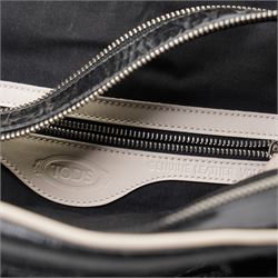 Tod’s - Tote Madis handbag in black patent leather, with twin rolled top handles, contrasting pale piping, silver-tone hardware, embossed Tod’s branding and hanging leather tag with ball-chain detail, with original Tod’s product tag and dust bag