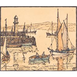 George Farquhar Pennington (British 1872-1961): Views of St Ives, two watercolours and one woodblock signed with monogram, max 22cm x 31cm (3) (unframed)