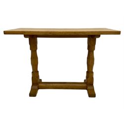 Oakleafman - oak stretcher table, rectangular adzed top, twin octagonal pillars, leaf signature by David Langstsff of Easingwold