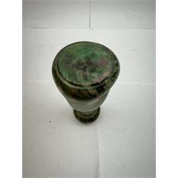 Three Austrian Art Nouveau green iridescent glass bottleneck vases, probably Rindskopf, to include one example with hallmarked silver collar, tallest H18cm (3)