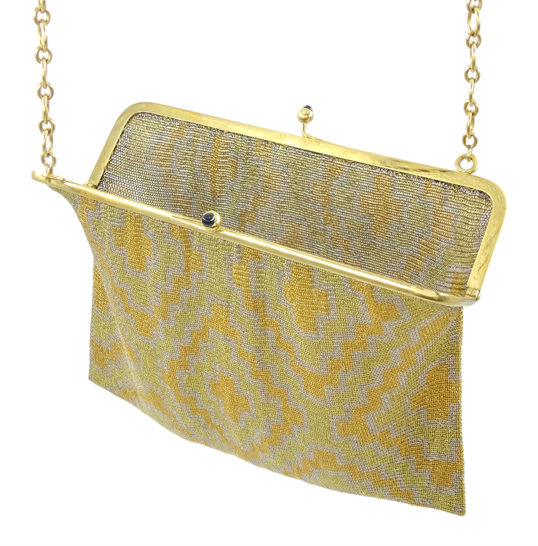 French tri-coloured gold mesh purse, with 18ct gold bar clasp and 18ct gold oval link chain, with cabochon sapphire set clasp, eagle hallmark