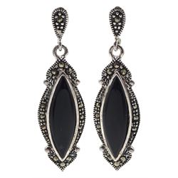 Pair of silver black onyx and marcasite pendant stud earrings, stamped 925 