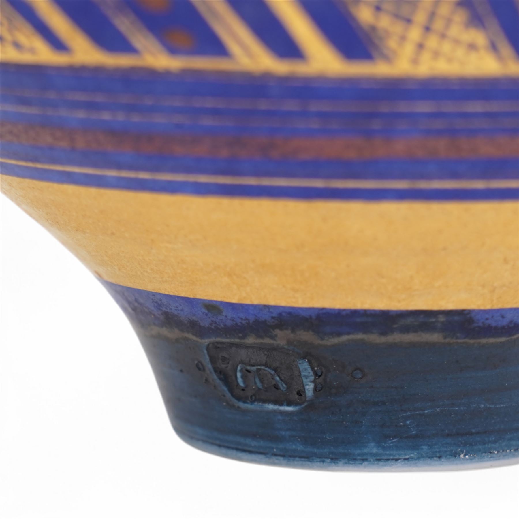 Mary Rich (1940-2022); three studio pottery footed bowls, in blue with gilt geometric decoration, impressed potters seal to base, largest D28cm (3)