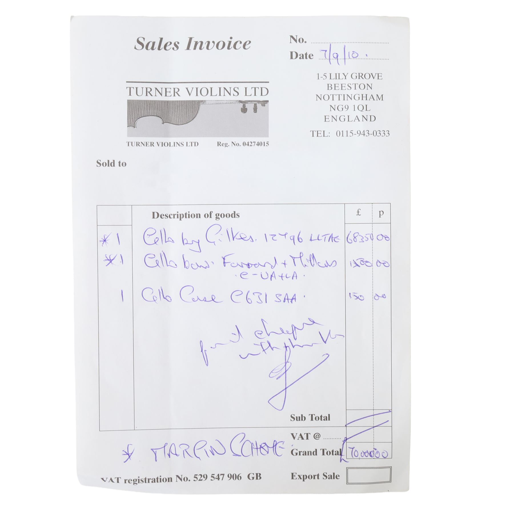 Early 19th century English cello by Samuel Gilkes of London, circa 1820, with two piece back and pine table finished in a golden brown varnish, with a certificate from D.R Hill & Son, Buckinghamshire from 2010, stating that in their opinion the maker is Samuel Gilkes, and is numbered H494 in their records, in Hiscox hard case, with two horse hair cello bows, the first an English example stamped Ferranda Millars Liverpool, the second a German example stamped R. Paesold, both with ebonised mother of pearl/abalone frogs and ivory tip plates
This item has been registered for sale under Section 10 of the APHA Ivory Act