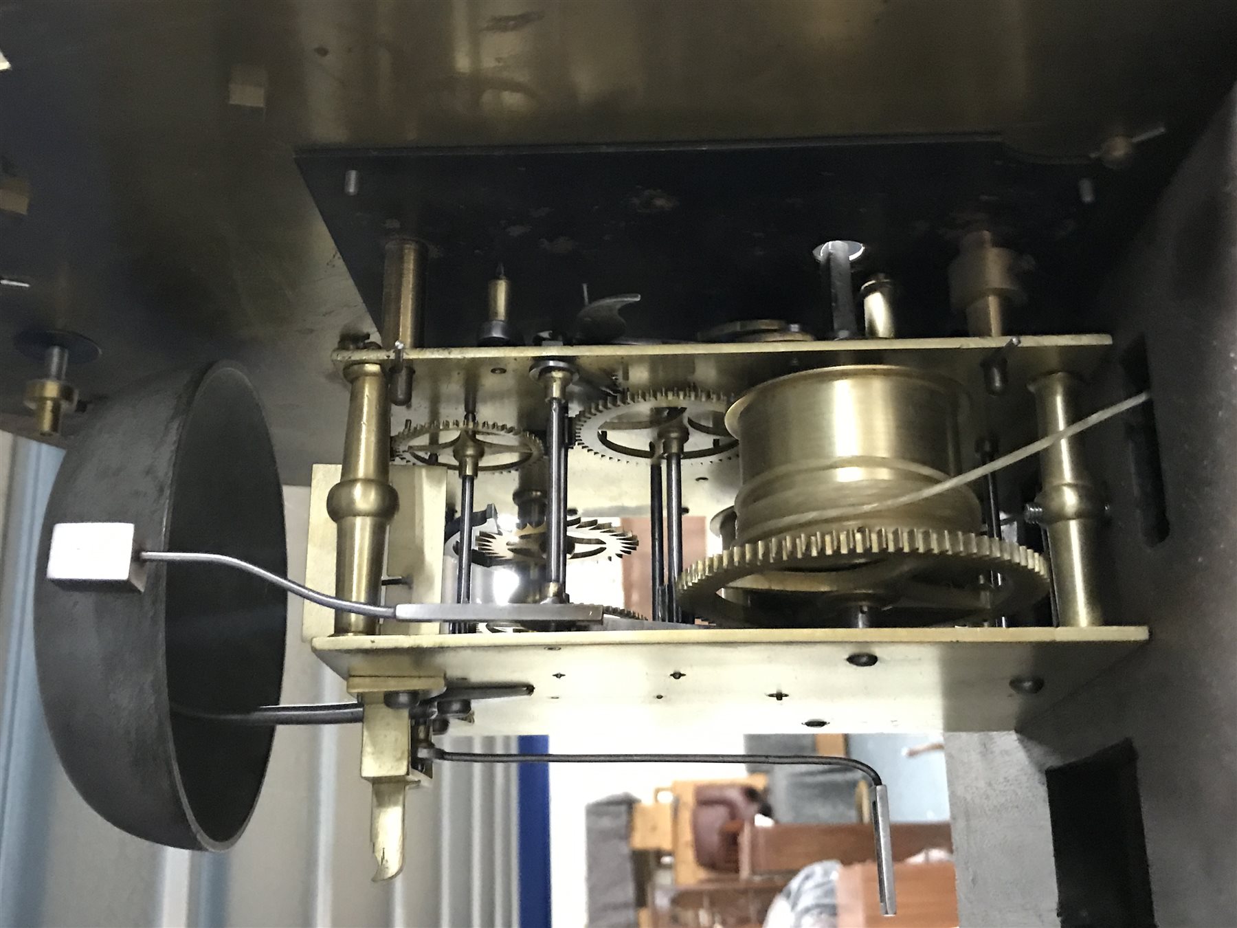 Early 19th century inlaid and cross banded mahogany London style longcase clock, brass arched dial, Roman and Arabic numerals, second and month subsidiary, lattice spandrel, eight day movement, automatic night time silent and strike mode, H242cm (two weights and pendulum)