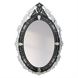 20th century Venetian style oval mirror, the central mirror plate enclosed by an ebonised ...