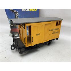 Three LGB (Lehmann Gross Bahn) G scale, gauge 1, rolling stock wagons, comprising two Lake George and Boulder wagons and an Auto Express wagon, together with a LGB passenger coach, other LGB rolling stock and a Lehmann Rigi900 ski lift