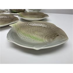 Shorter & Son six fish plates, together with a larger platter and sauce boat and saucer, all with stamped marks beneath