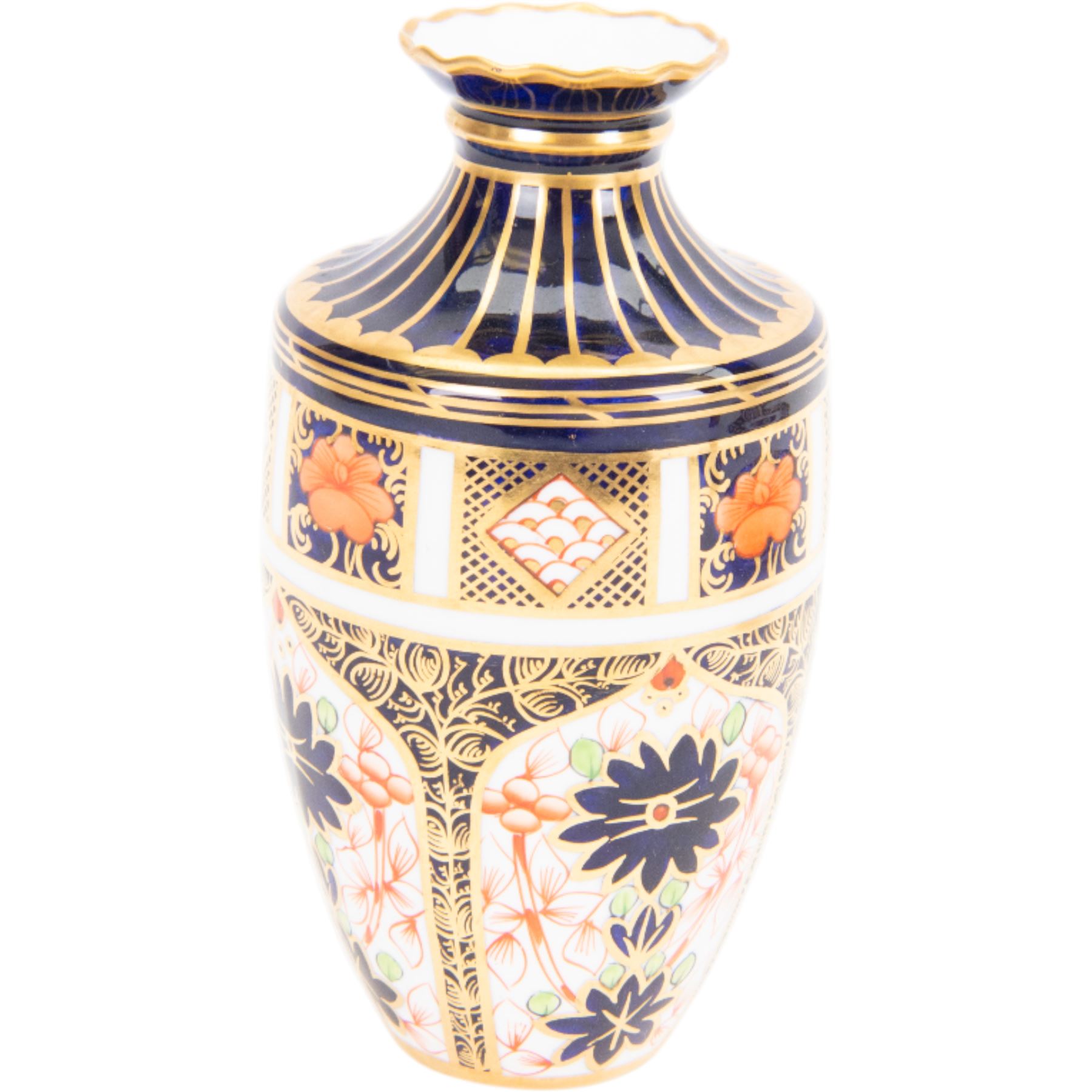 Royal Crown Derby ceramics, comprising Imari 1128 pattern vase of baluster form with fluted rim, 'The Yorkshire Rose' plate, limited edition no. 693/2000 and miniature Witches pattern no. 6299 handbag,  vase H15.5cm