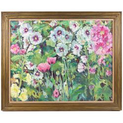 Catherine Tyler (British 1949-): 'Hollyhocks', oil on board signed and dated '94, titled on Chelsea Art Society exhibition label 60cm x 75cm