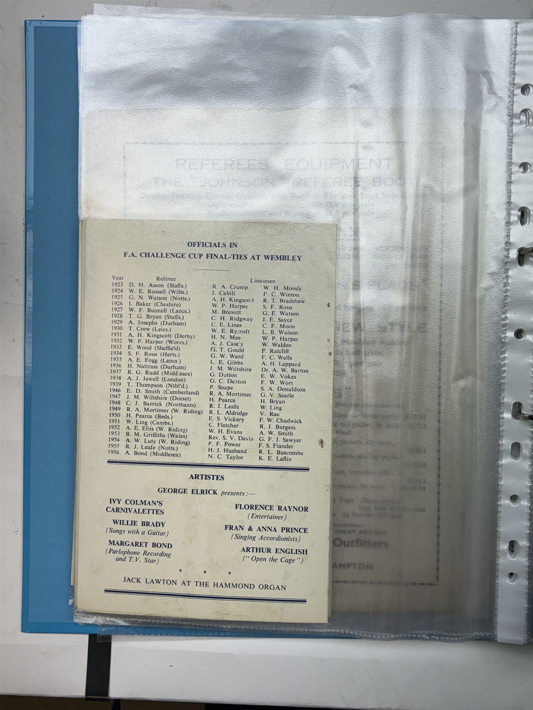 Collection of football memorabilia belonging and relating to the Hull based referee Frank Coultas, including 9ct gold Referee's medal for the 1957 Aston Villa v Manchester United FA Cup Final, inscribed 'The Football Association, F.B Coultas, F.A. Challenge Cup Competition, Final Tie 1957', hallmarked and in original case; the kit worn by him to referee the 1957 FA Cup Final and ephemera relating to the match including photographs, programmes and tickets; together with other football memorabilia collected by Frank Coultas, including programmes, photograph and ticket stubs, with some items relating to the 'Busby Babes'