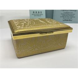 Two Halcyon Days enamel boxes, both of rectangular form, the first depicting Buckingham Palace, 'To Celebrate the Golden Jubilee of Her Majesty Queen Elizabeth', the second depicting the marriage of The Queen and Prince Philip, in celebration of their Diamond Wedding Anniversary, H4cm, W8.5cm, both boxed