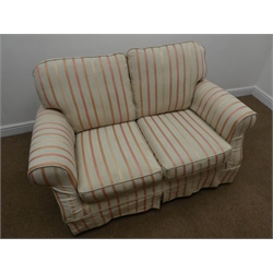  Two seat sofa upholstered in cream and pink striped loose covers (W145cm) and two matching armchairs (W97cm)  