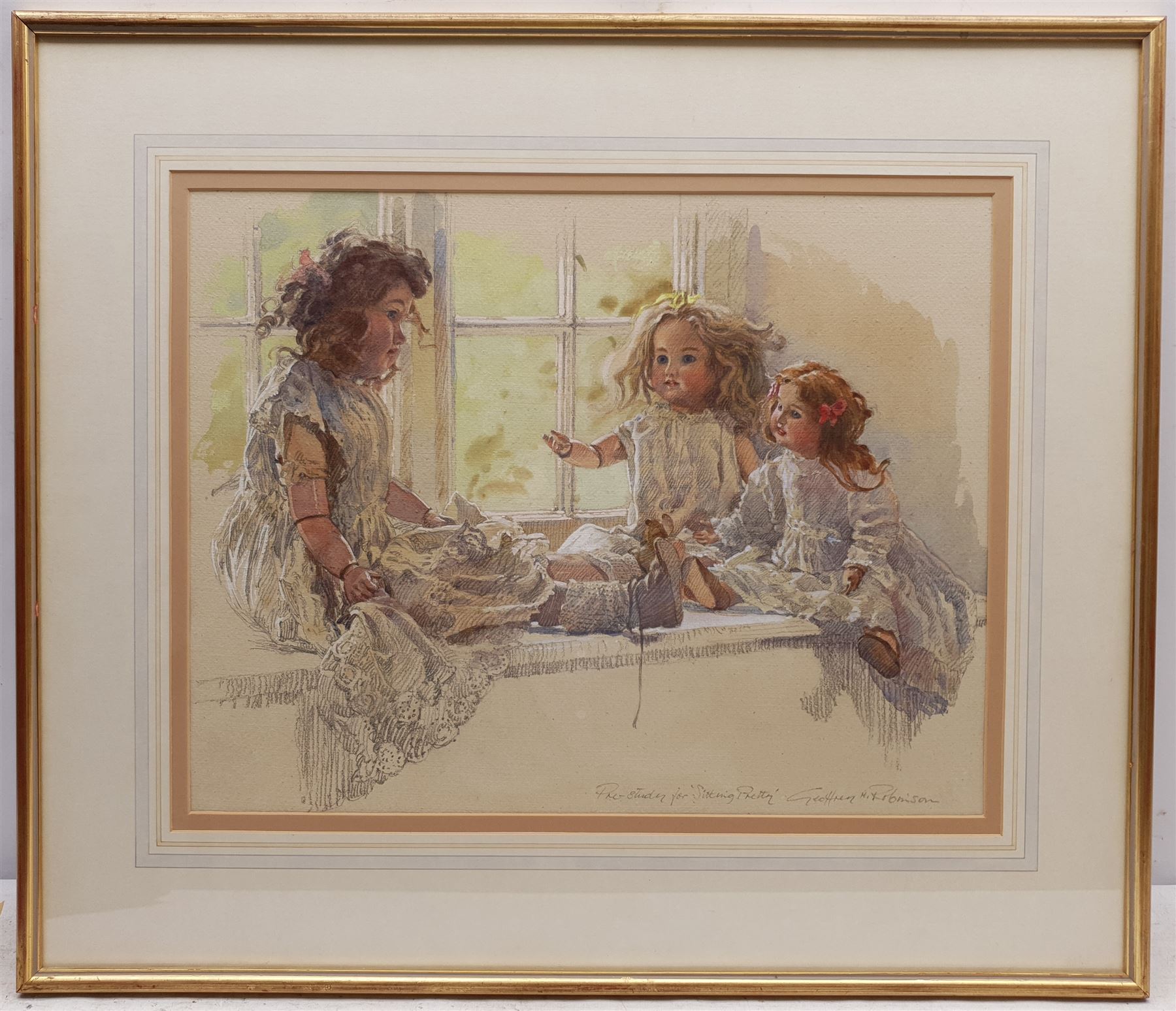 Geoffrey H Robinson (British 1925-): 'Pre-study for Sitting Pretty' - Dolls on a Windowsill, watercolour and pencil signed and titled 36cm x 47cm