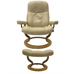 Ekornes - Stressless armchair upholstered in cream leather with matching footstool 