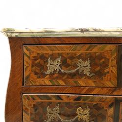 Late 18th-century Louis XV kingwood marquetry commode, rectangular top with original serpentine Breche marble top, above two long crossbanded drawers with rococo style gilt bronze handles and escutcheons in marquetry framed panel in various woods, shaped and centered apron with gilt bronze foliate mounts, sides and drawer fronts with cube geometric marquetry design, on slender cabriole legs with gilt bronze sabots  