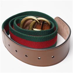 Gucci - web canvas and calfskin leather belt with signature green and red woven stripe, large gold tone GG buckle, stamped with serial numbers, size 85/34, L105cm, unused with original box and dust bag