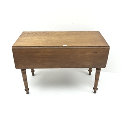 Early 20th century satin walnut Pembroke drop leaf table, ring turned supports, brass capped feet, W103cm, H71cm, D97cm