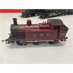 Hornby/Tri-Ang ‘00’ gauge - nine locomotives to include Britannia Class ‘Britannia’ 4-6-2 no.70000 in BR green; Class M7 4-4-0 Tank no.30027 in BR black; Princess Class ‘Princess Victoria’ 4-6-2 no.46205 in BR black; in original boxes; further loose models Princess Class ‘Princess Elizabeth’ 4-6-2 no.46201 in BR green; Class 3F 0-6-0 tank no.7606 in LMS crimson; TR double ended diesel locomotive; three further tank locomotives and one loose tender (10) 