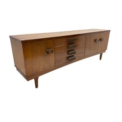 Bath Cabinet Makers BCM - mid-20th century teak sideboard fitted with four drawers and three cupboards with curved handles on tapering supports