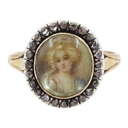 19th century French 18ct gold and silver diamond portrait ring, set with an oval miniature of a woman in 18th century dress on ivory, under a glazed panel, with rose cut diamond surround and trifurcated shoulders, hallmarked. This lot has been registered for sale under Section 10 of the APHA Ivory Act